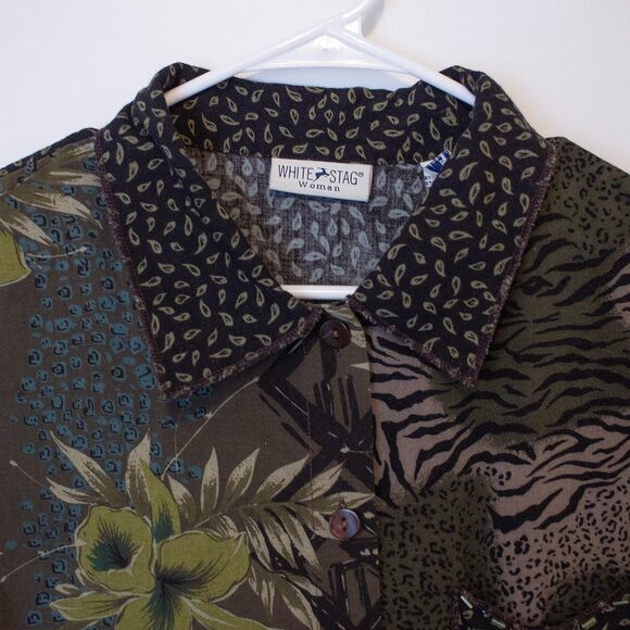 White Stag 14W/16W Mixed Print Button-Up Animal + Tropical Collared Top Pocket - Picture 4 of 9